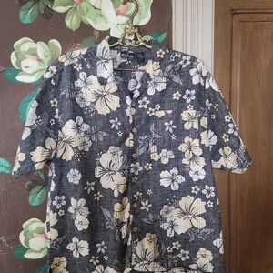 OP Sport Floral Hawaiian Camp Shirt Mens M Gray Button Front Surf Casual